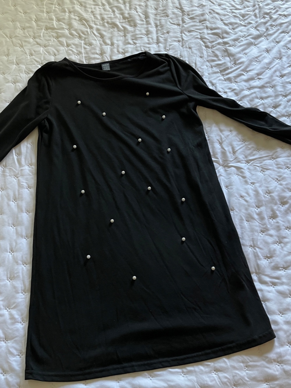 SHEIN Black Long-Sleeve Pearl-Detail Shift Dress
